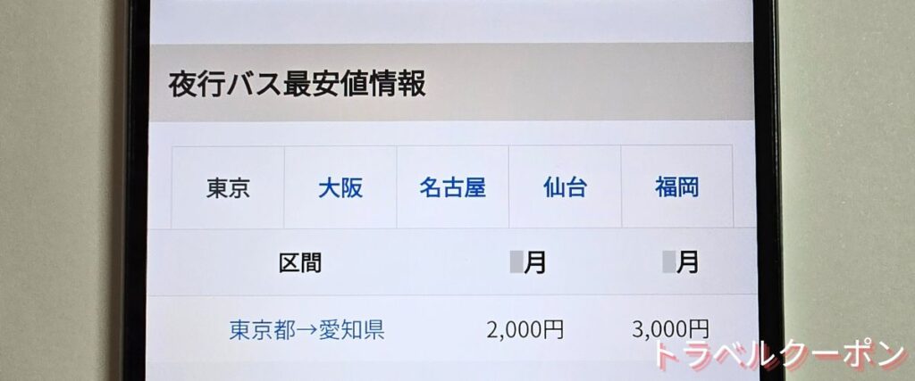 バスブックマークの夜行バス最安値